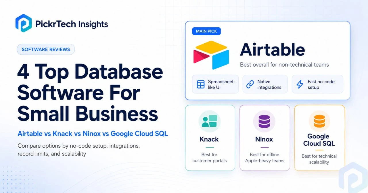 4 Top Database Software For Small Business hero showing Airtable Knack Ninox and Google Cloud SQL