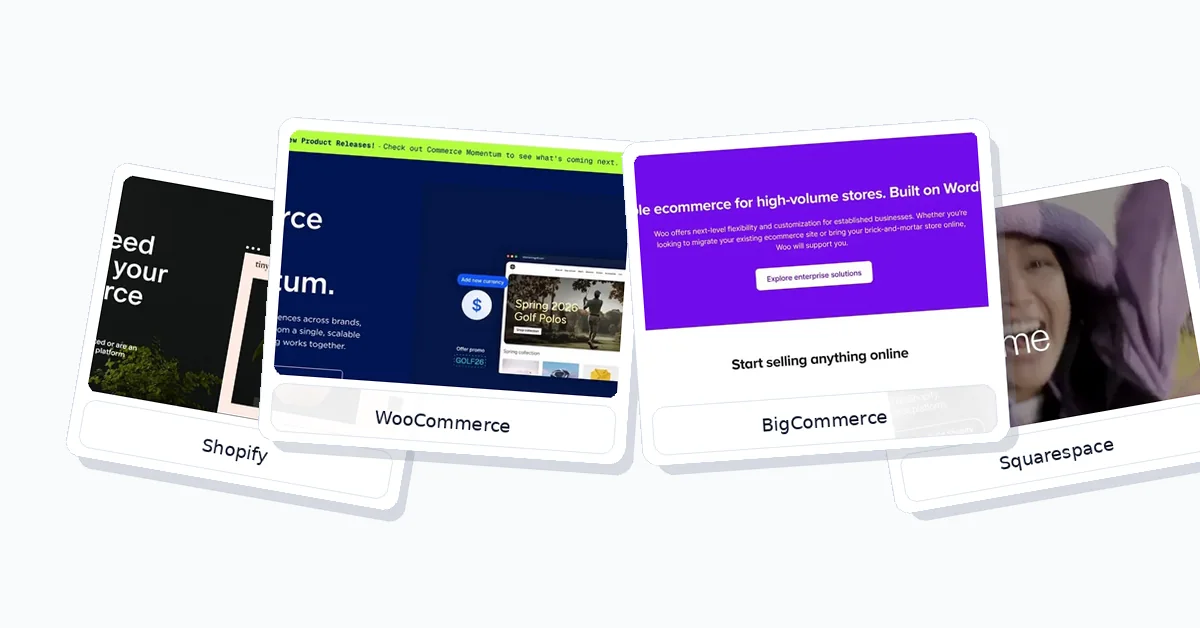 Side-by-side comparison graphic of Shopify, WooCommerce, BigCommerce, and Squarespace store builders