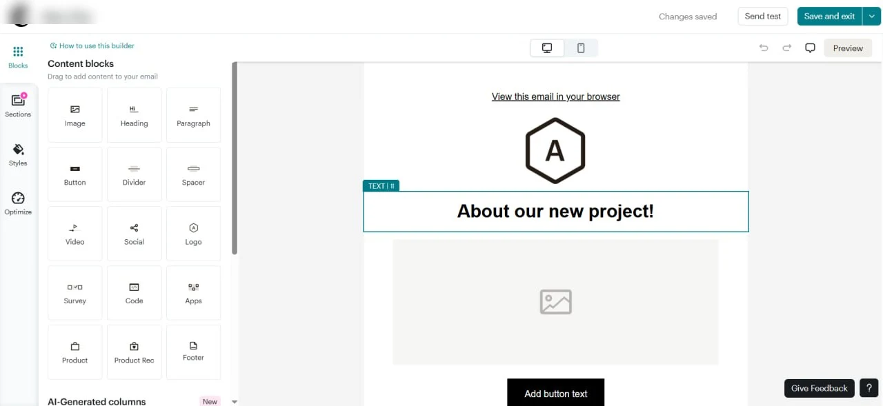 Mailchimp email builder with drag-and-drop content blocks and design canvas
