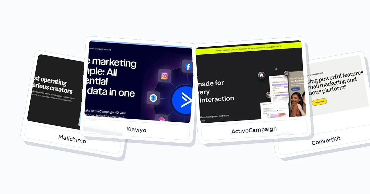 Layered comparison image showing Mailchimp, Klaviyo, ActiveCampaign, and Kit for email marketing evaluation