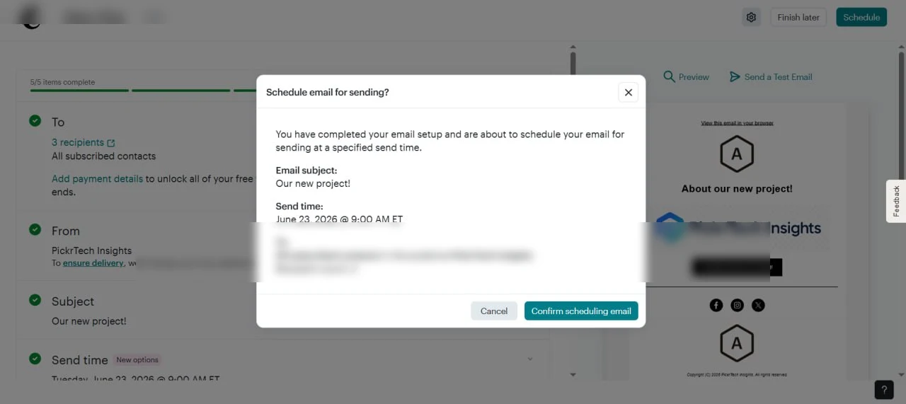 Mailchimp schedule confirmation dialog showing campaign details