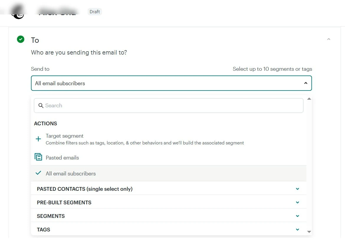 Mailchimp campaign recipient selection showing audience targeting options