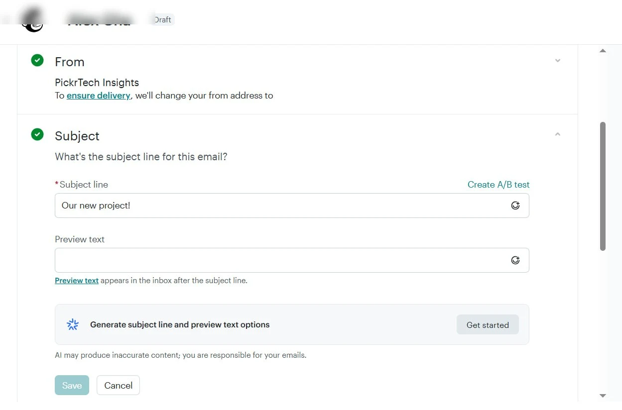 Mailchimp campaign subject line and from address configuration
