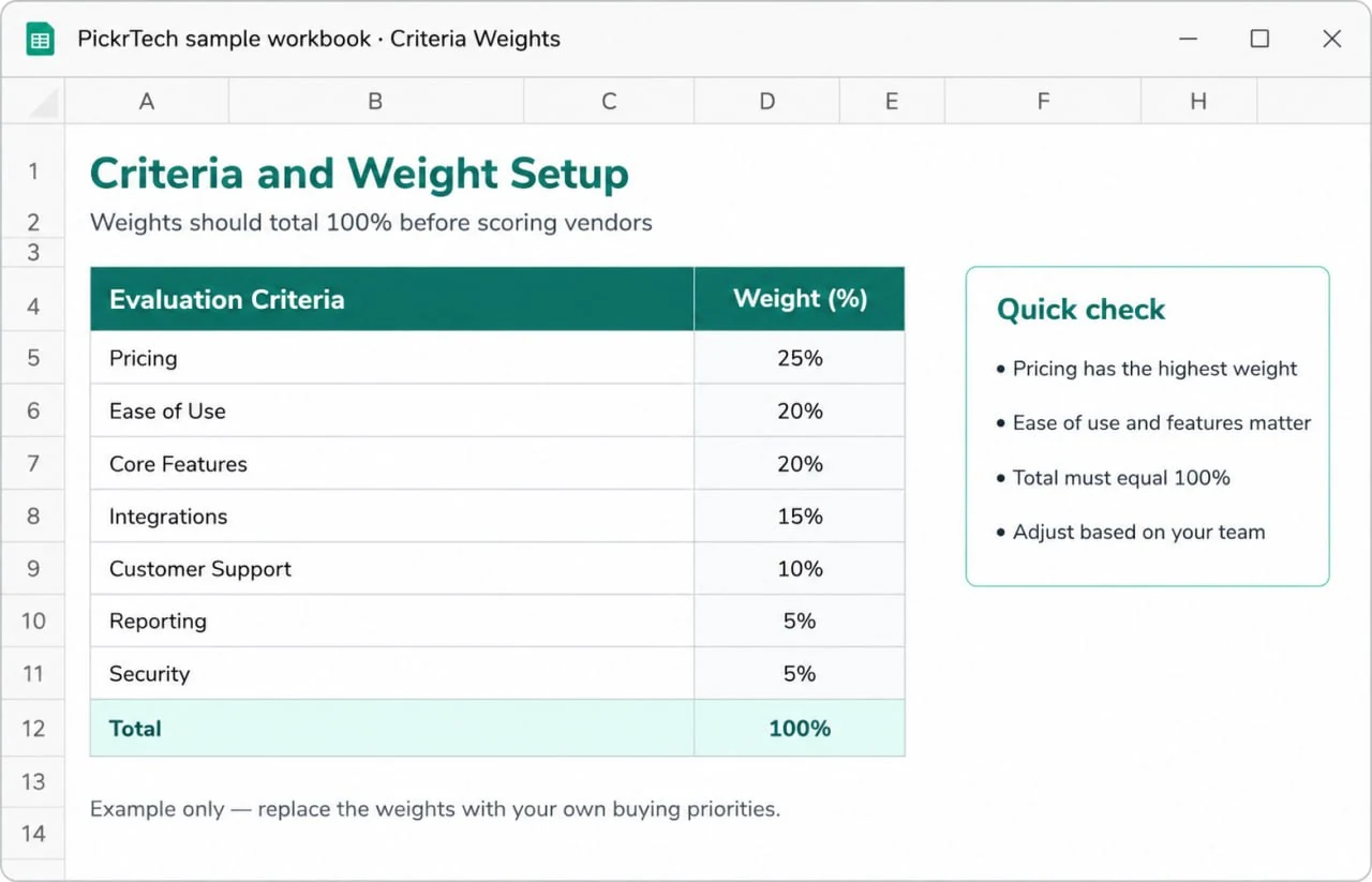 Excel software evaluation scorecard criteria and weight setup example with percentage weights totaling 100 percent
