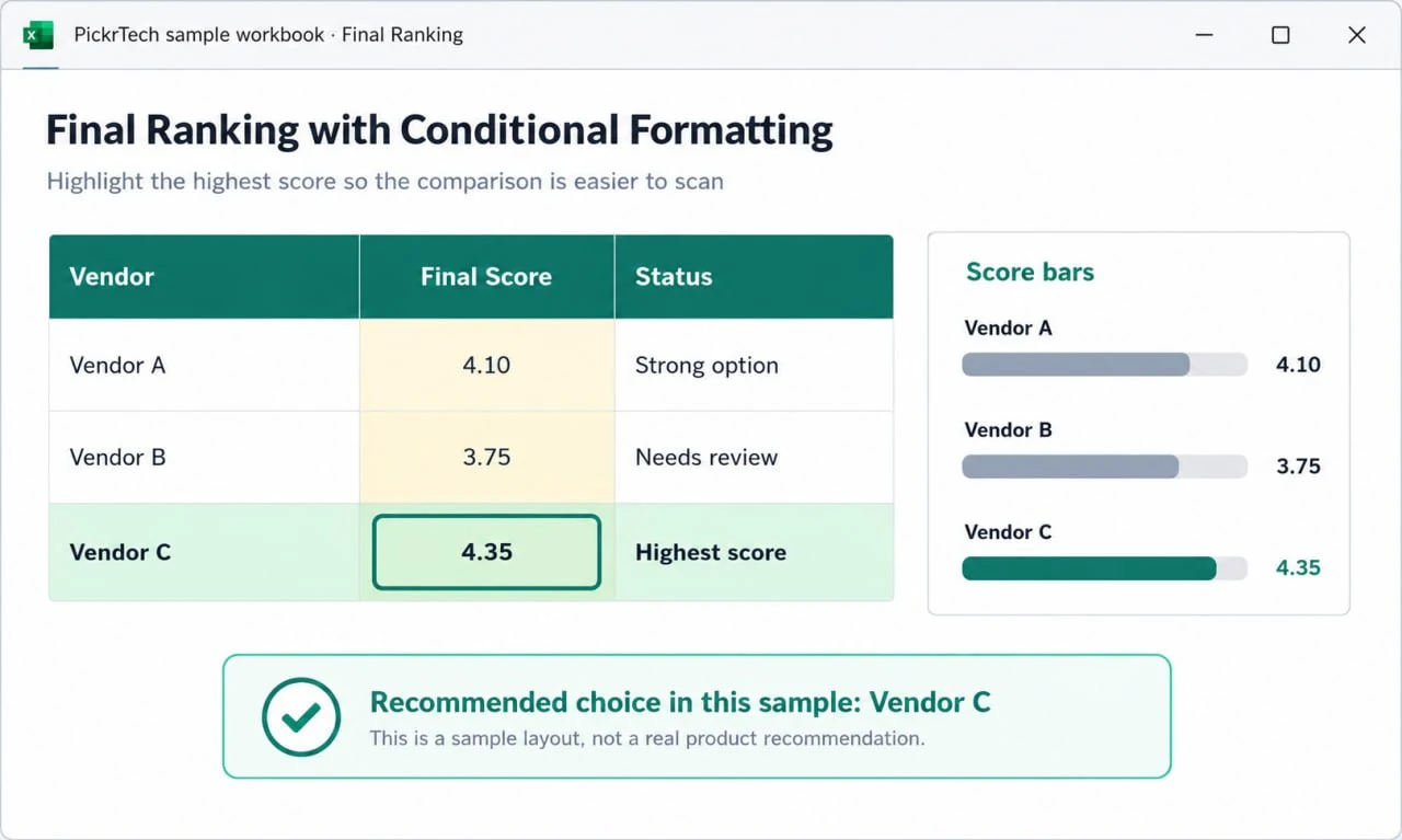 Excel scorecard final ranking table with conditional formatting and highlighted highest vendor score