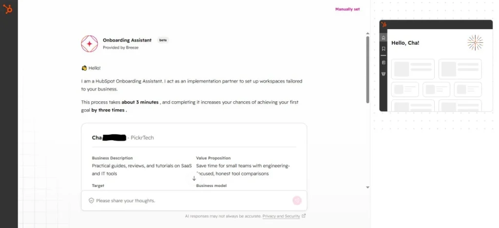 HubSpot onboarding assistant screen during CRM free account setup