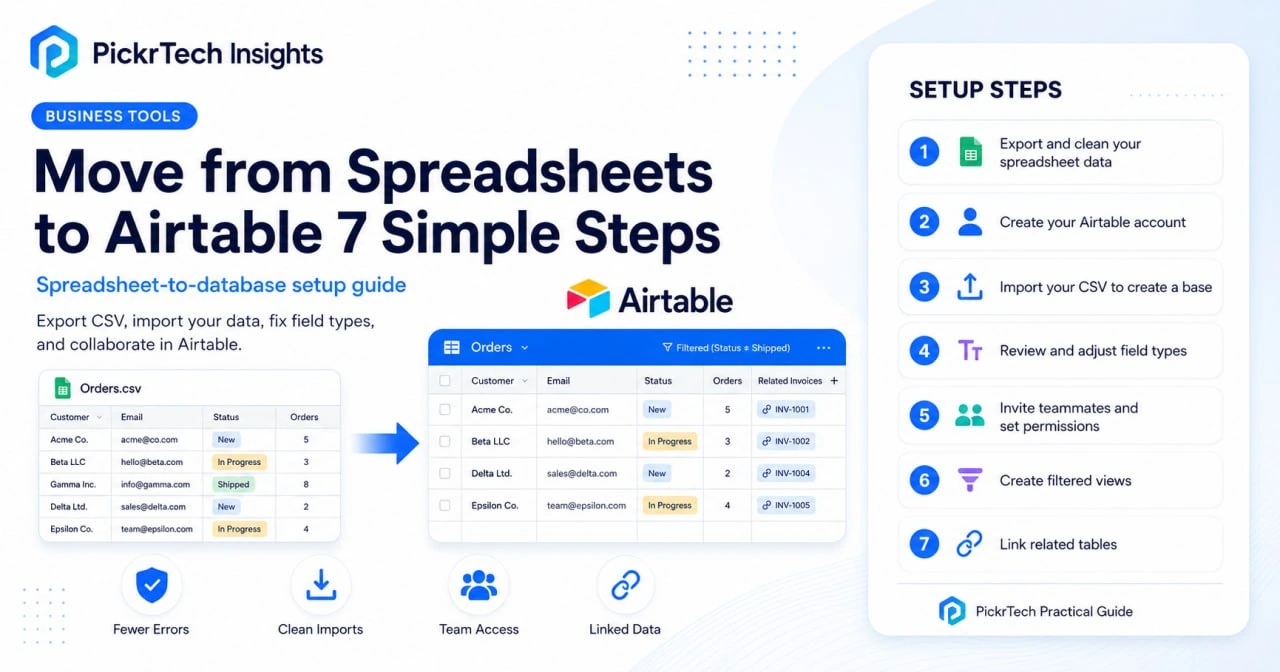 Move from Spreadsheets to Airtable: 7 Simple Steps hero showing a migration checklist and six setup steps for cleaning data, importing a CSV, reviewing fields, inviting teammates, and organizing views.