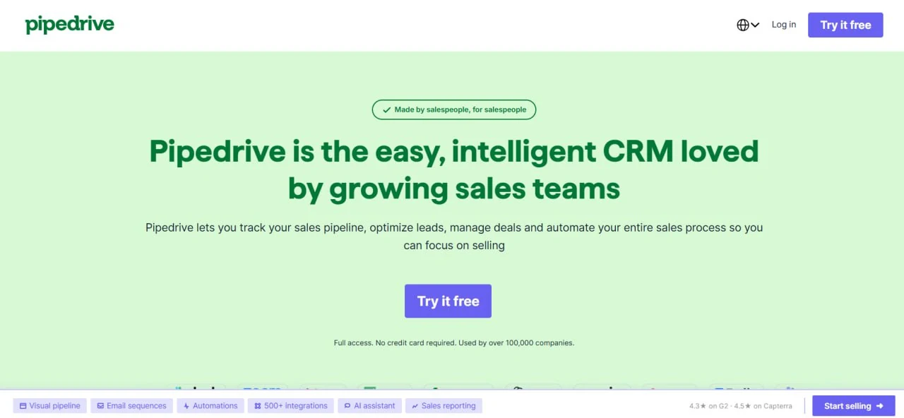 Pipedrive CRM homepage highlighting sales pipeline and automation features for growing teams