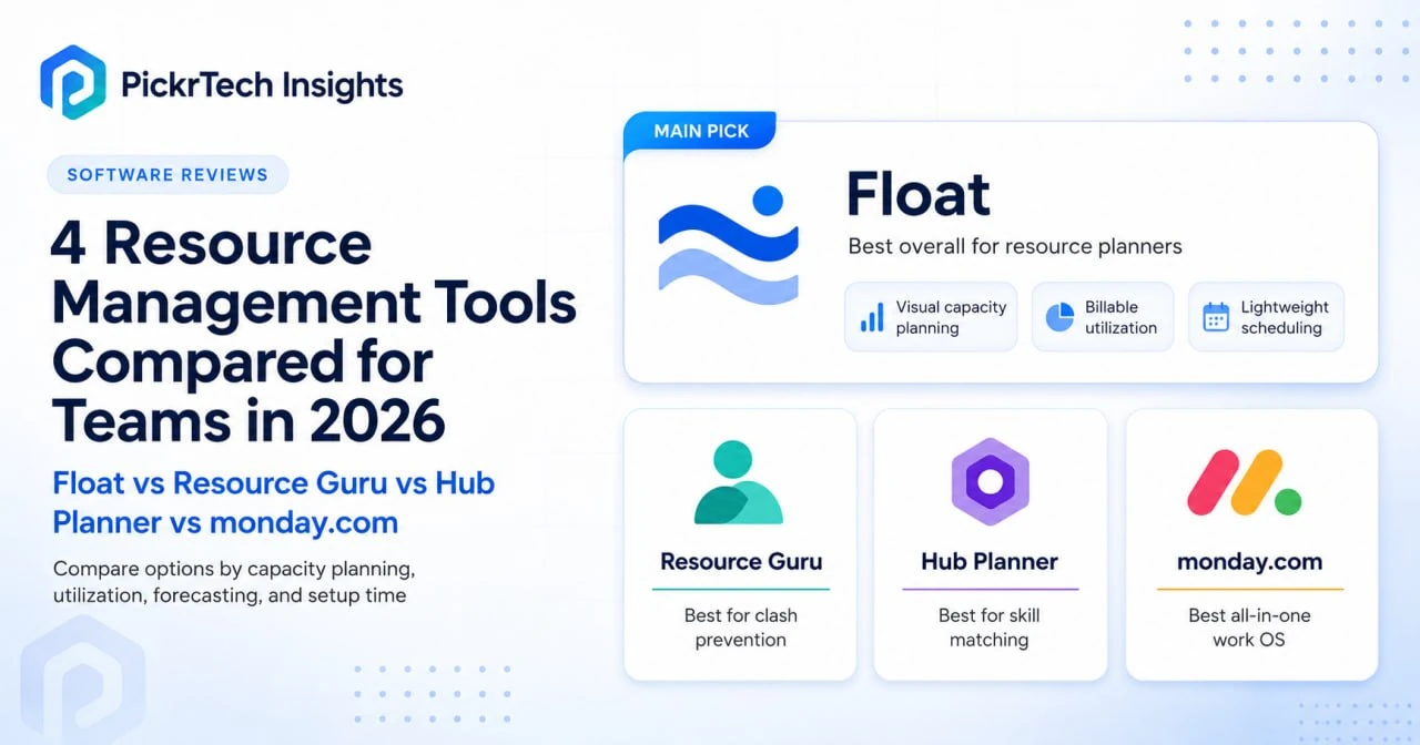 4 Resource Management Tools Compared for Teams in 2026 hero showing Float Resource Guru Hub Planner and monday.com