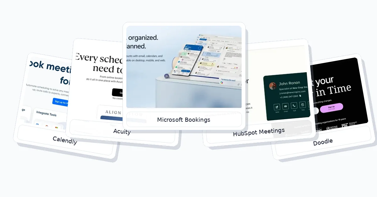 Layered comparison image showing Calendly Acuity Microsoft Bookings HubSpot Meetings and Doodle for scheduling software evaluation
