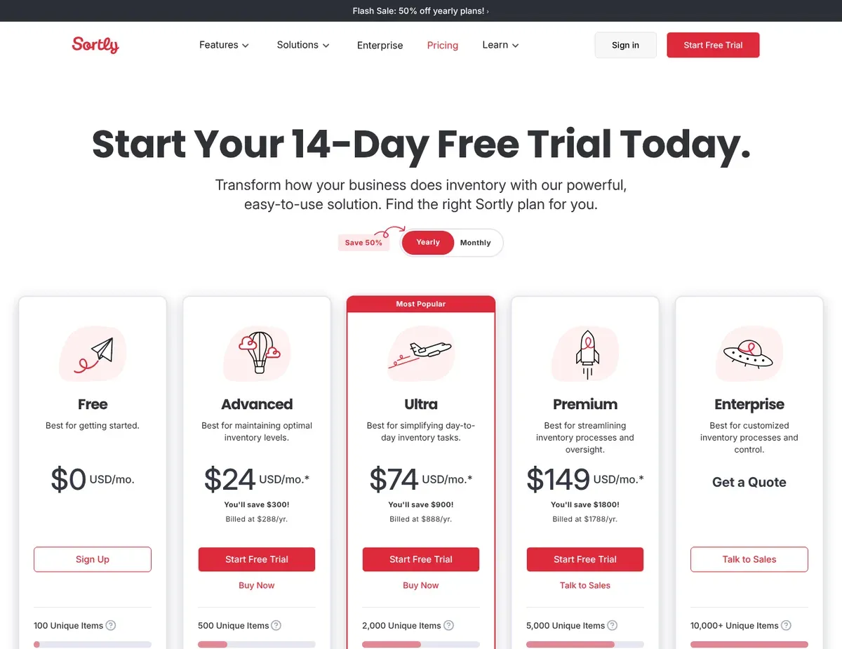 Sortly pricing page showing Free and paid plans for inventory teams