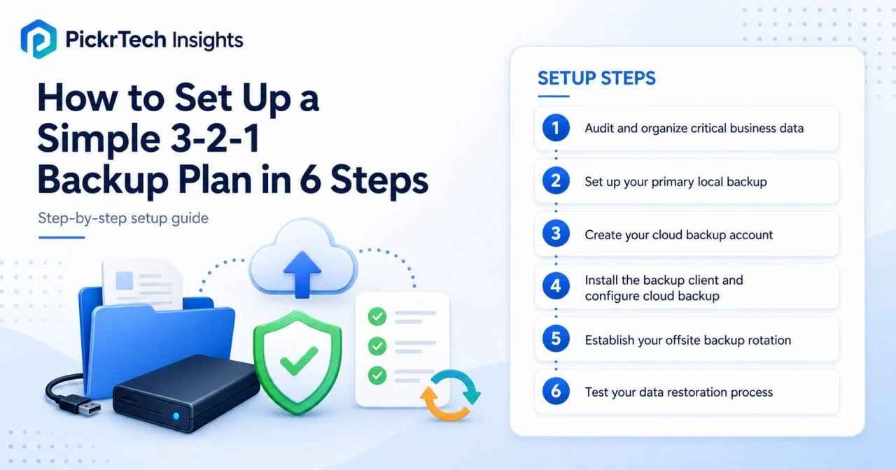 How to Set Up a Simple 3-2-1 Backup Plan in 6 Steps hero showing a backup setup workflow with six setup steps, local and cloud backup symbols, and protected storage visuals