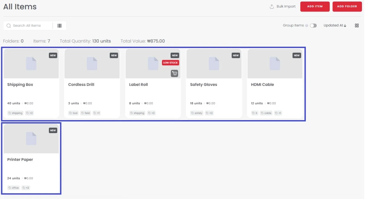 Sortly all items view with imported inventory cards and low-stock label