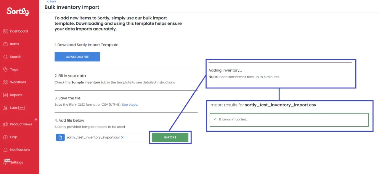 Sortly bulk inventory import screen with CSV upload and success result