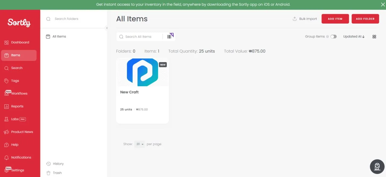 Sortly All Items view showing inventory cards and sidebar