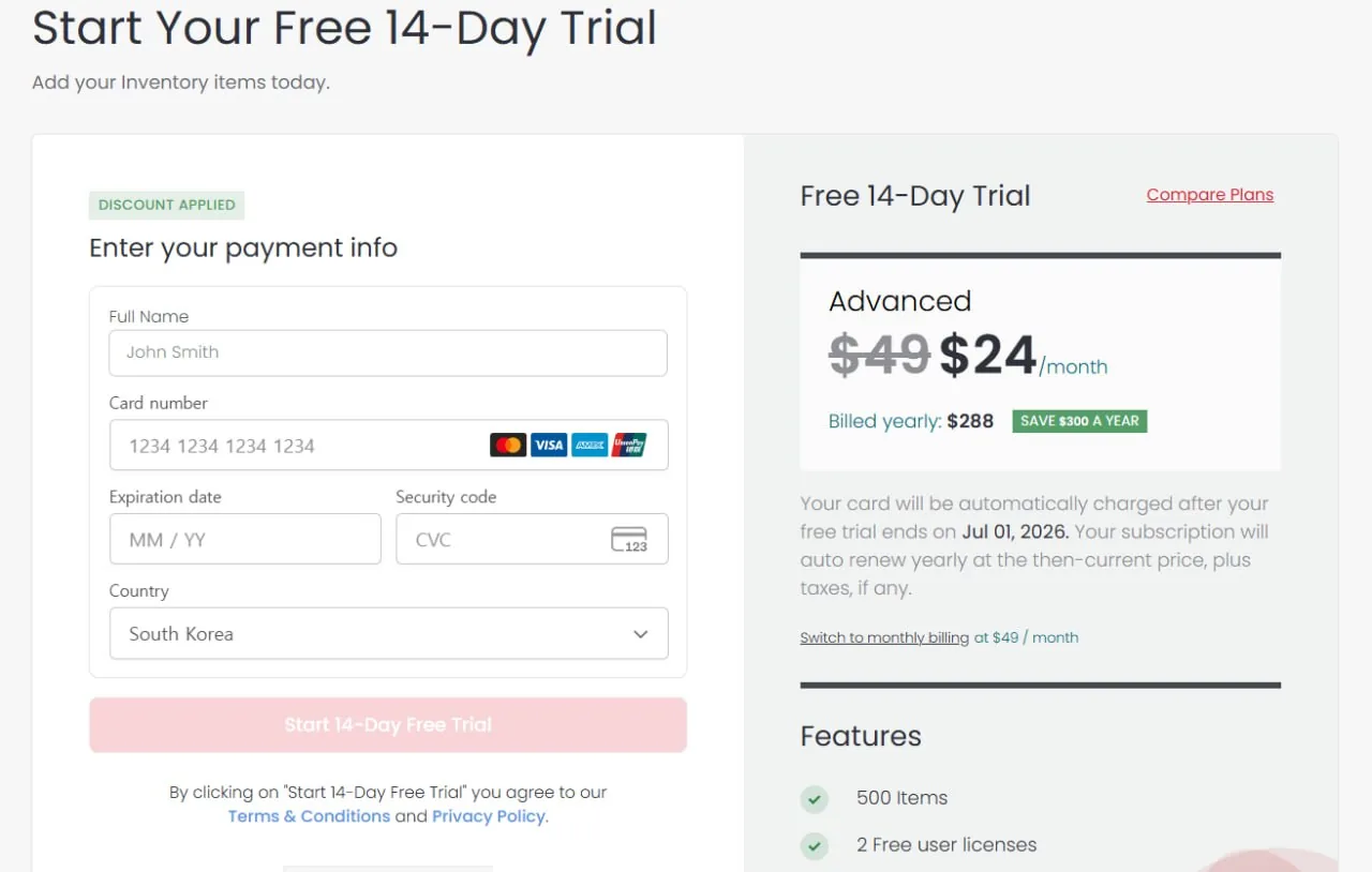 Sortly account creation form with email and name fields