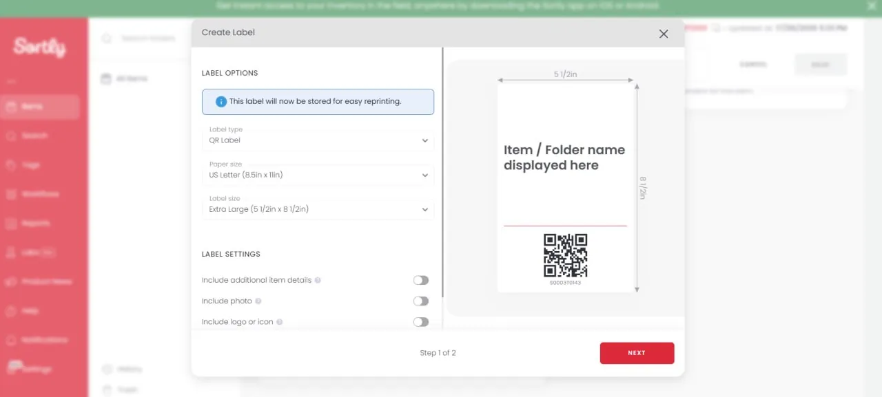 Sortly Create Label modal with QR label preview