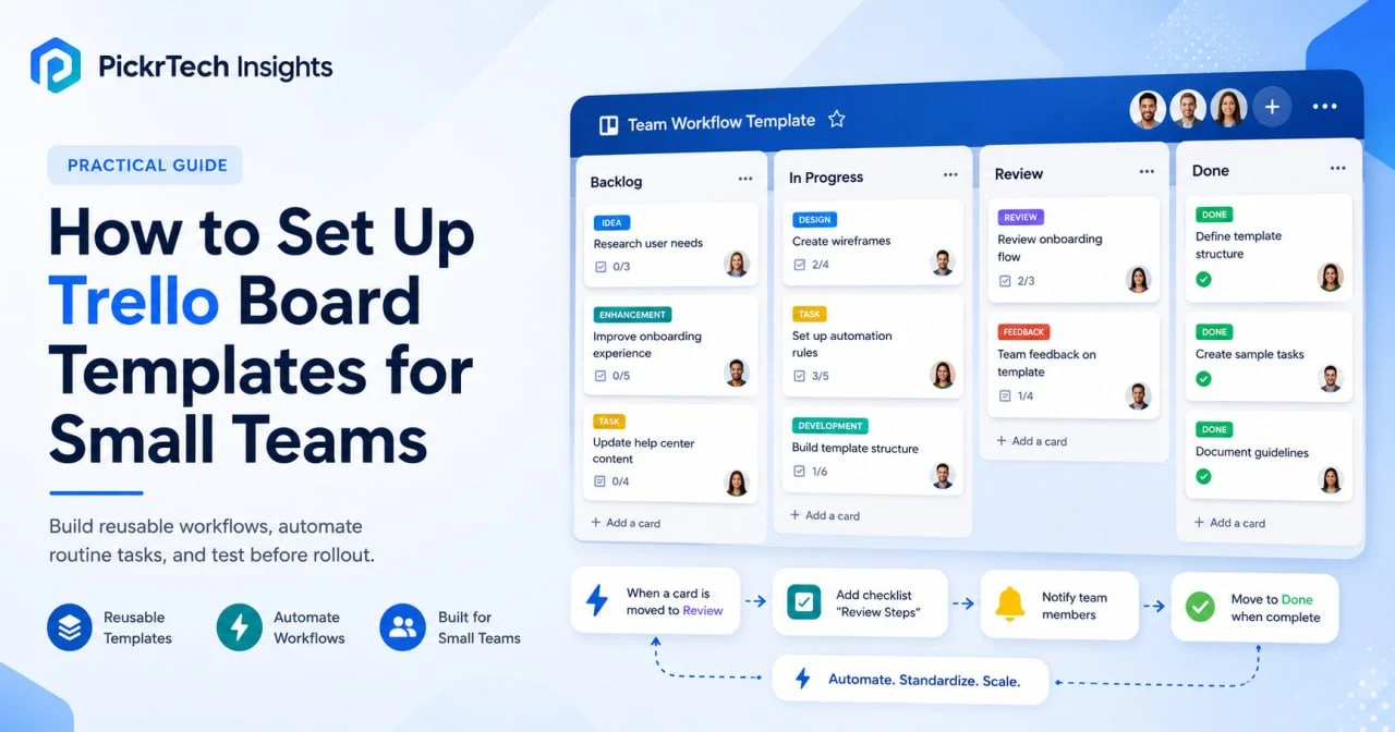 Trello board template example for small teams with workflow columns and automation steps.