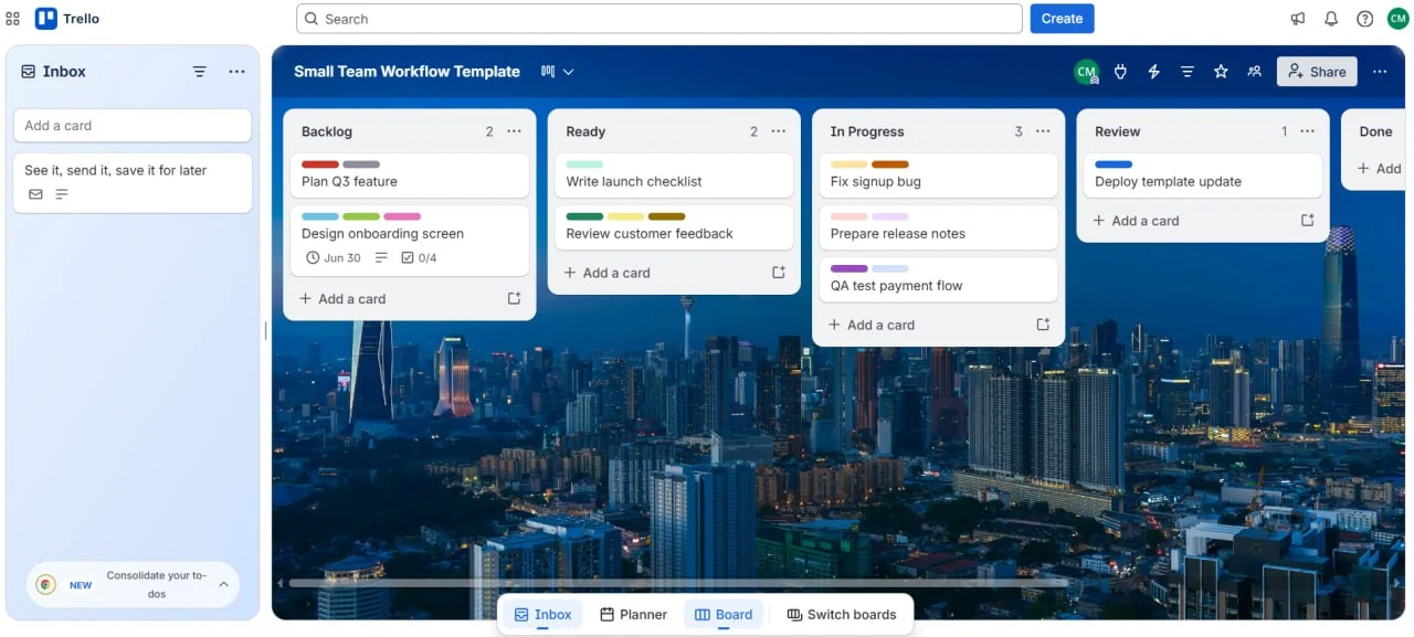 Trello board view showing workflow columns from Backlog to Done with cards and labels