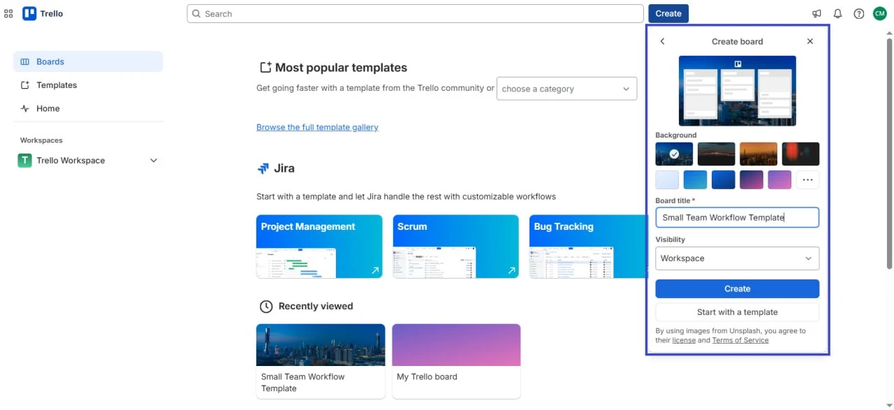 Trello Create board dialog with template selection and visibility options