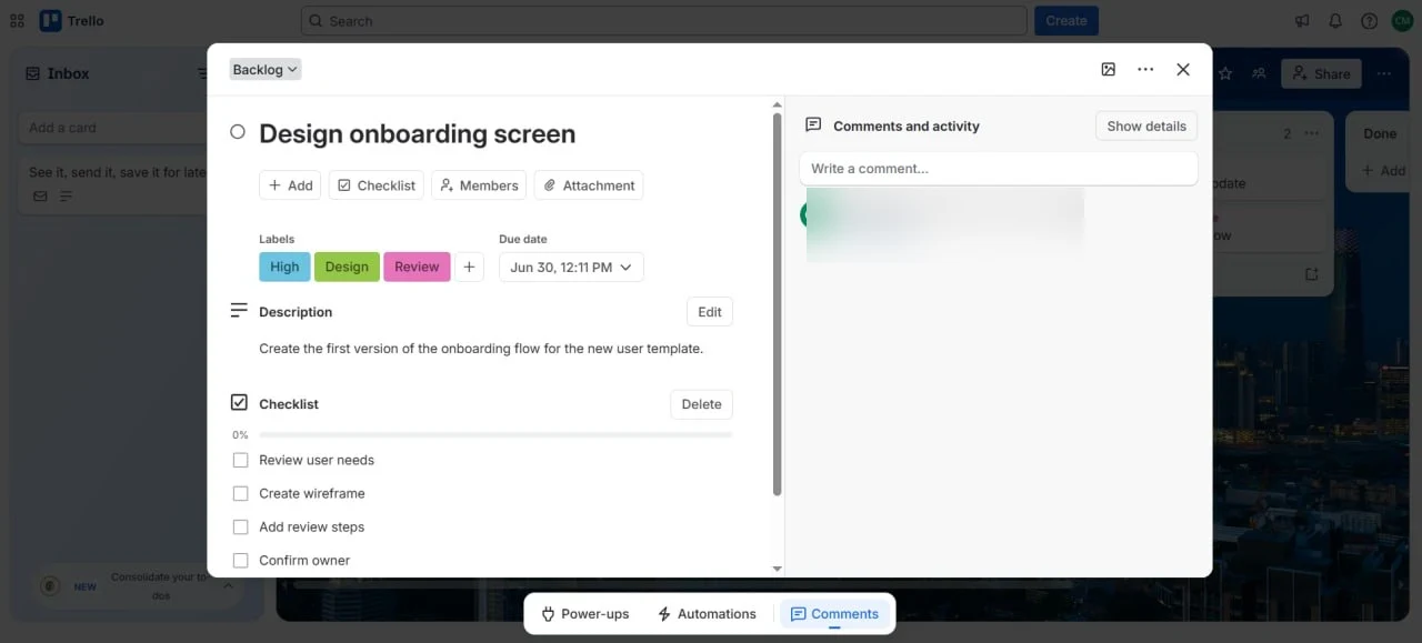 Trello card detail modal showing labels, due date, checklist, and comments