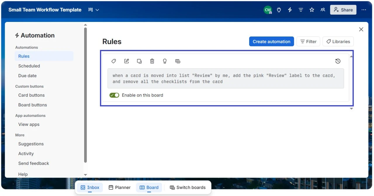 Trello Butler automation rules list showing trigger and action configuration