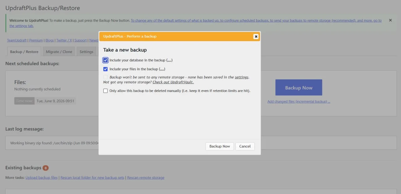 UpdraftPlus backup modal with options to include database and files in the backup