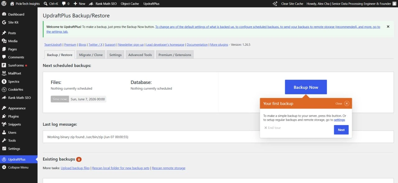 UpdraftPlus Backup Restore dashboard showing the Backup Now button and first backup guided prompt