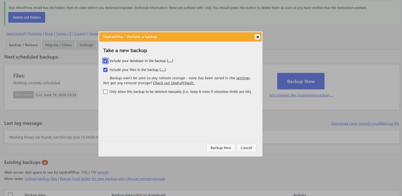 UpdraftPlus Backup Now confirmation dialog