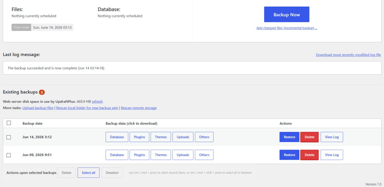 UpdraftPlus Existing Backups showing two backup sets with Database, Plugins, Themes, Uploads, and Others components