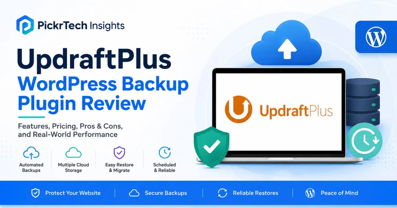 UpdraftPlus WordPress backup plugin review — featured image showing the UpdraftPlus dashboard with backup scheduling and cloud storage options