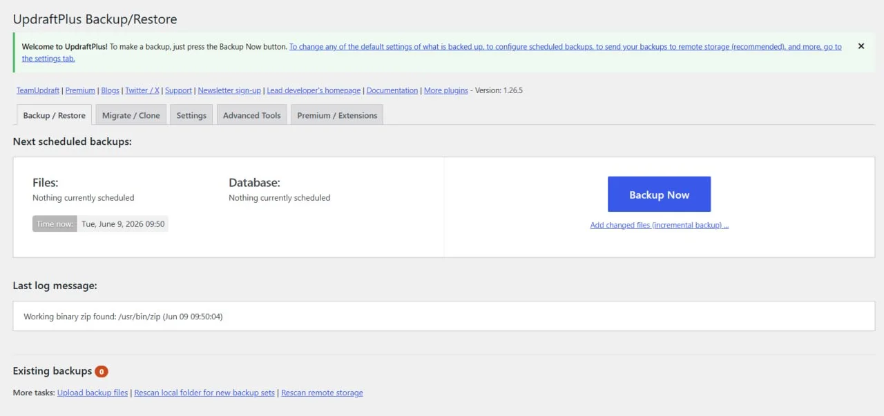 UpdraftPlus initial setup screen with welcome message and Backup Now button