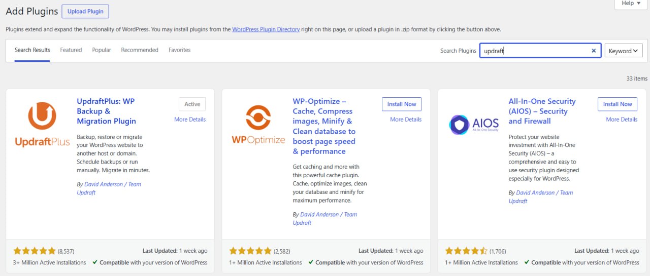 Search for UpdraftPlus in the WordPress Add Plugins screen and activate it before testing your backup