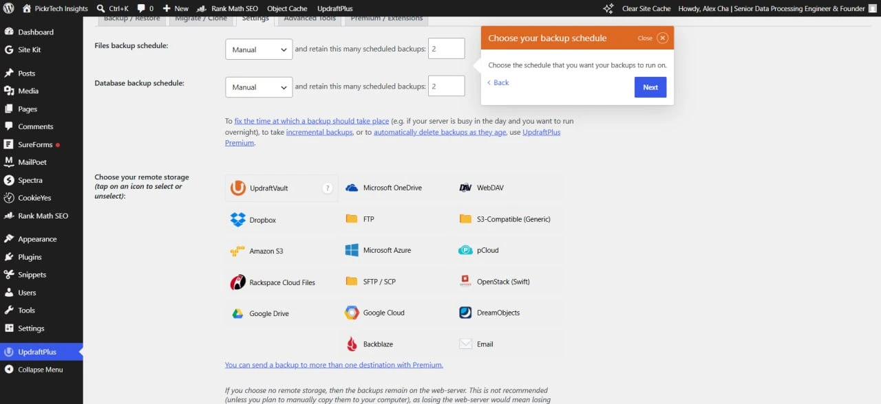 UpdraftPlus settings screen showing backup schedules and remote storage destination options