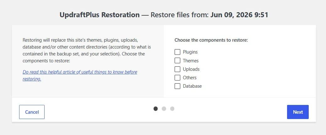 UpdraftPlus restoration dialog with component selection checkboxes for plugins, themes, uploads and database