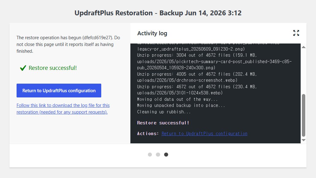UpdraftPlus restore successful confirmation with activity log showing unpack and restore completion