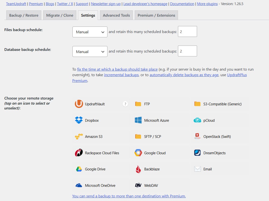 UpdraftPlus Settings — backup schedules and remote storage