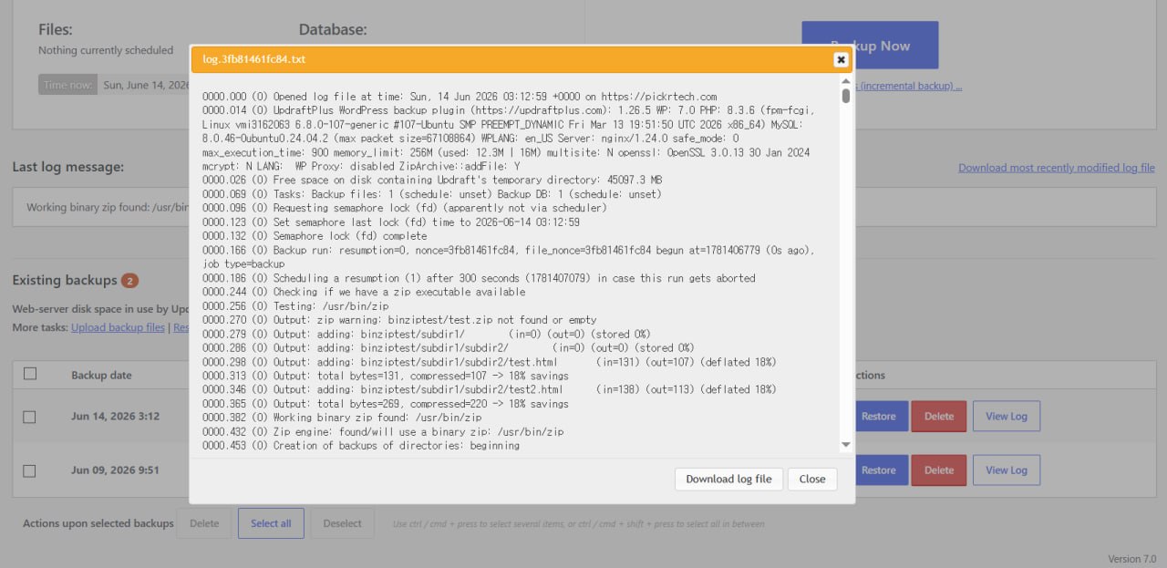 UpdraftPlus backup log viewer with diagnostic details