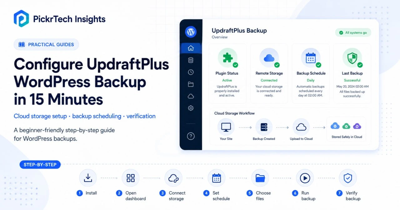 Configure UpdraftPlus WordPress backup in 15 minutes hero showing backup status, remote storage, schedule, and verification workflow