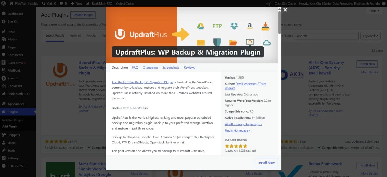 UpdraftPlus WordPress plugin details popup showing backup and migration features in the WordPress plugins screen
