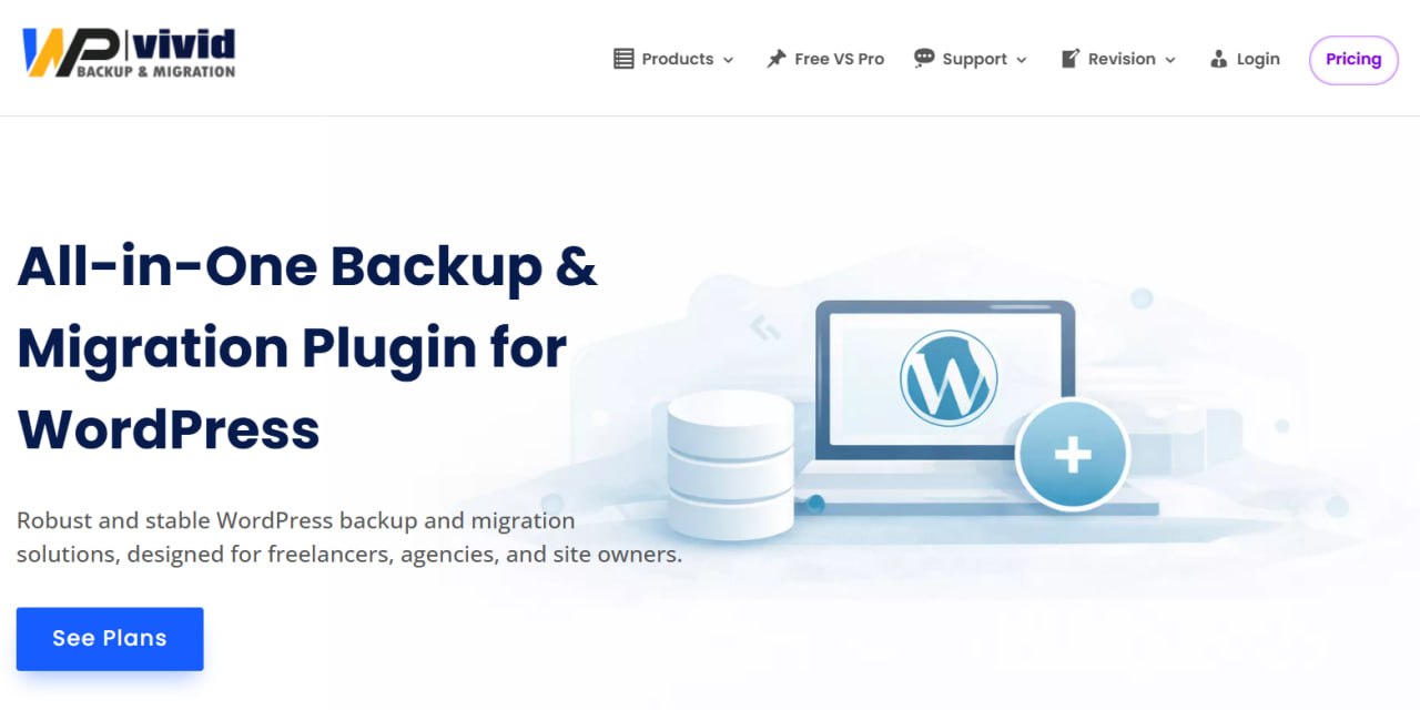 WPvivid Backup & Migration Plugin for WordPress homepage showing all-in-one backup and migration features