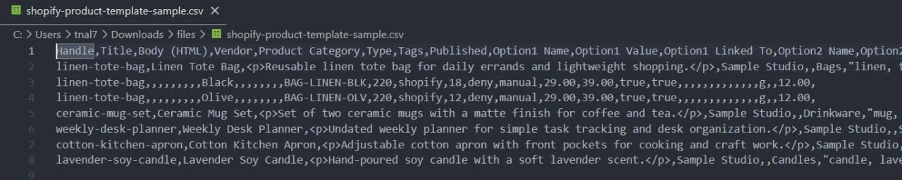Product CSV opened in a plain text editor showing the header row intact with comma separators visible