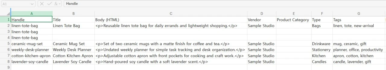 Product CSV open in a spreadsheet with three rows sharing the handle linen-tote-bag, Title left blank on the second and third rows