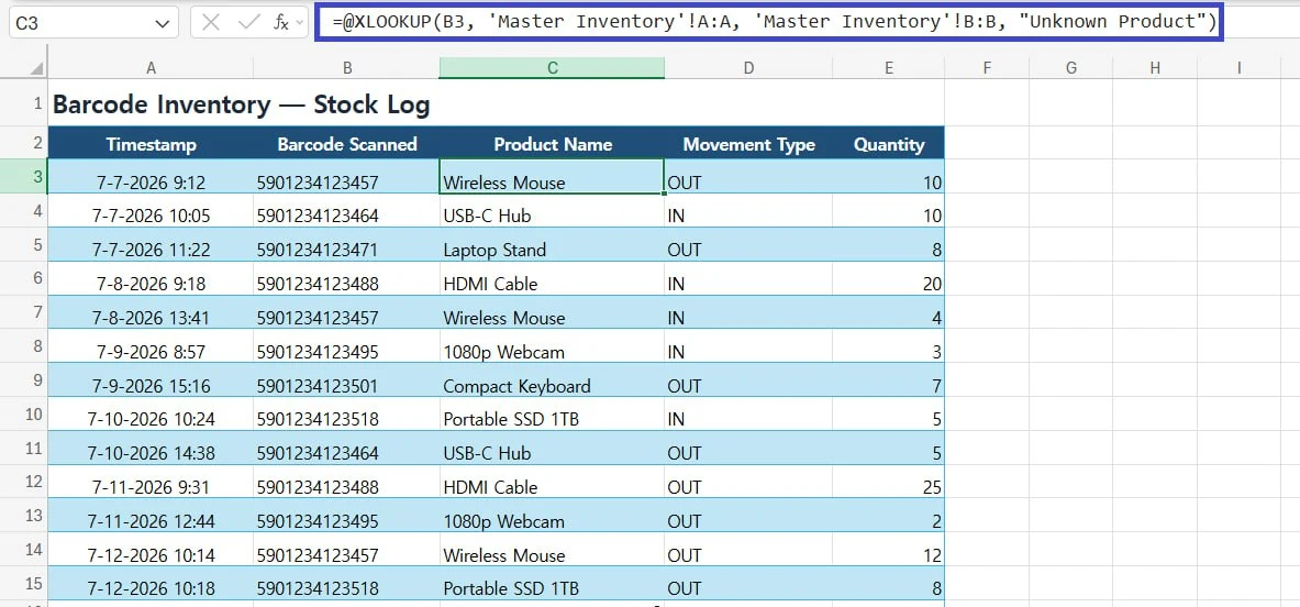 Stock Log tab in Excel using XLOOKUP to return a product name from a scanned barcode
