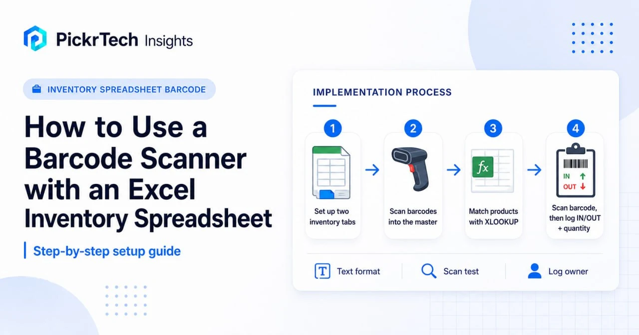 Barcode scanner workflow with an Excel inventory spreadsheet for small business stock tracking