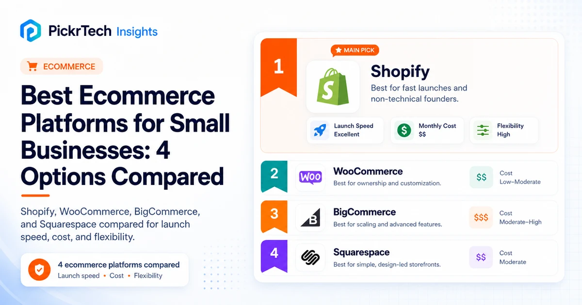 Ecommerce platform comparison for small businesses featuring Shopify, WooCommerce, BigCommerce, and Squarespace