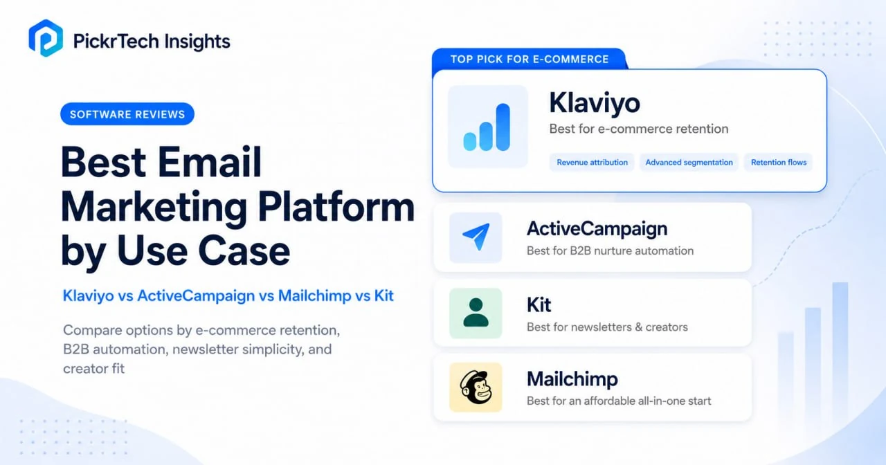 Best Email Marketing Platform by Use Case comparing Klaviyo, ActiveCampaign, Kit, and Mailchimp by workflow