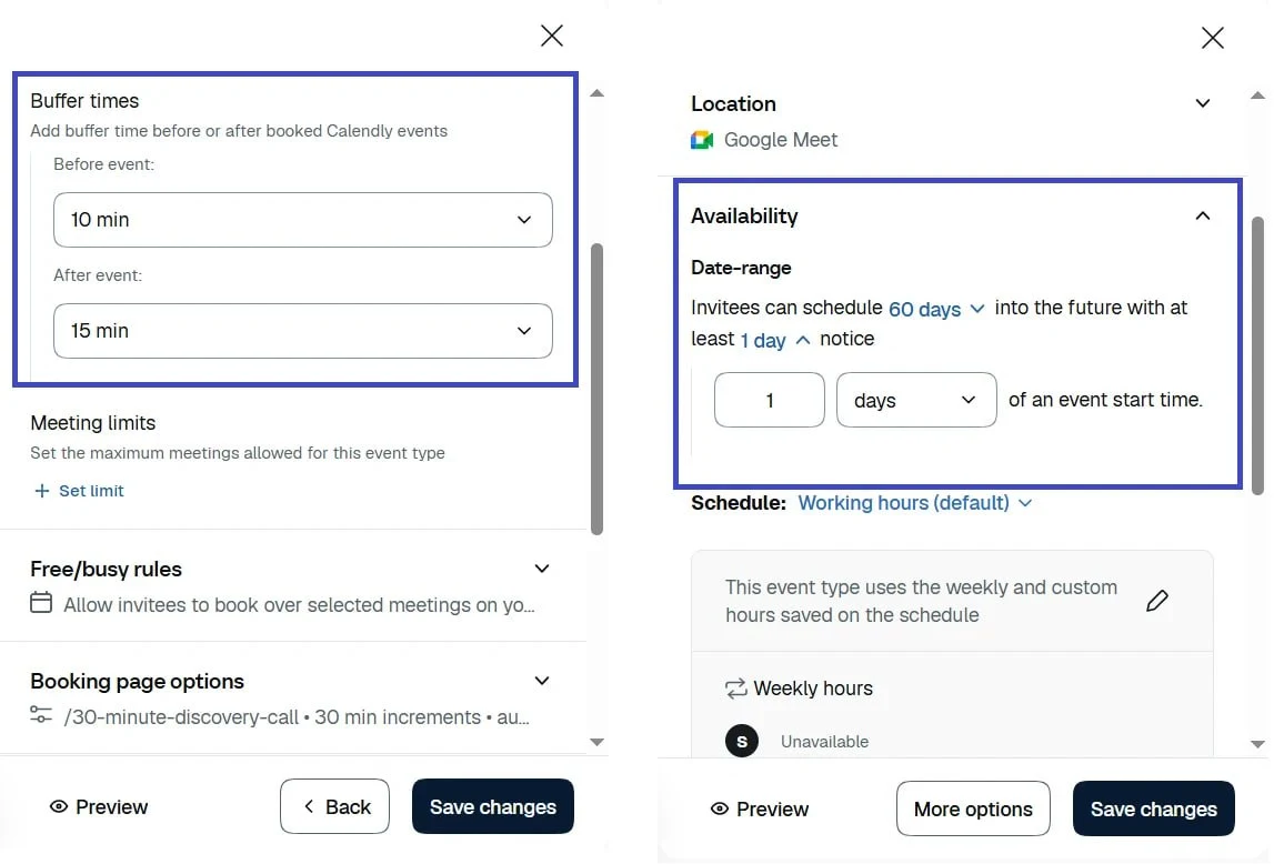 Calendly event settings showing buffer times, minimum scheduling notice, and availability date range