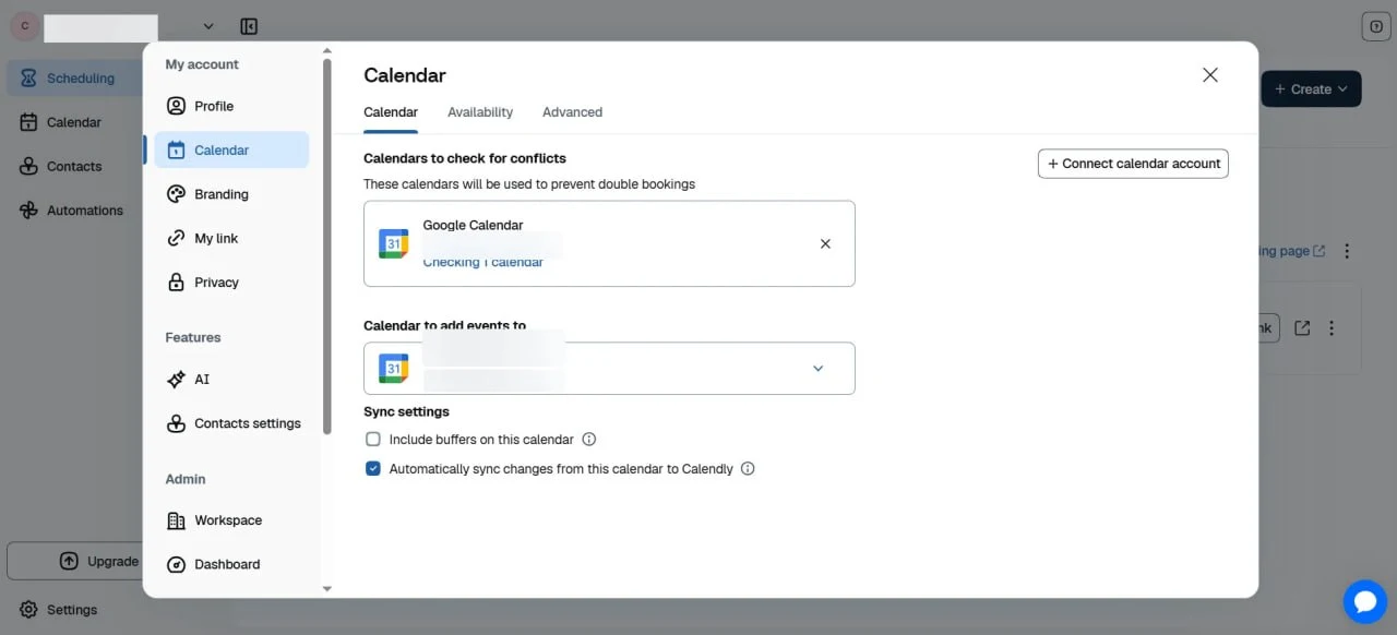 Calendly calendar settings showing connected calendars checked for conflicts