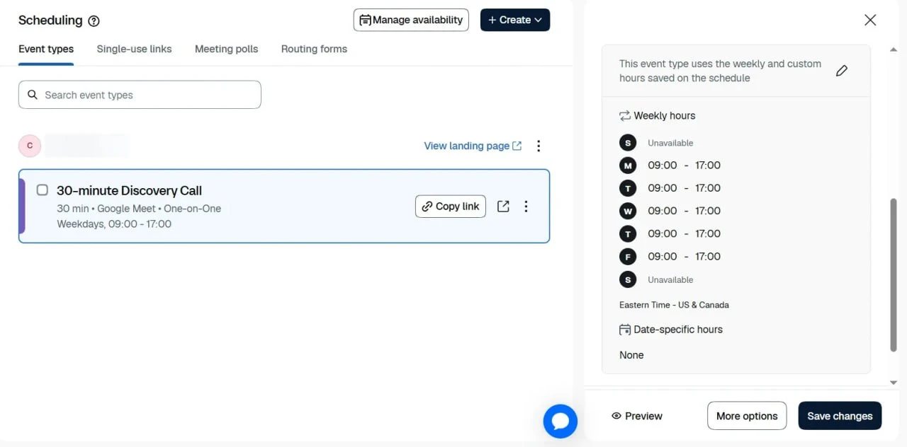 Calendly event type configuration showing duration and weekly availability hours